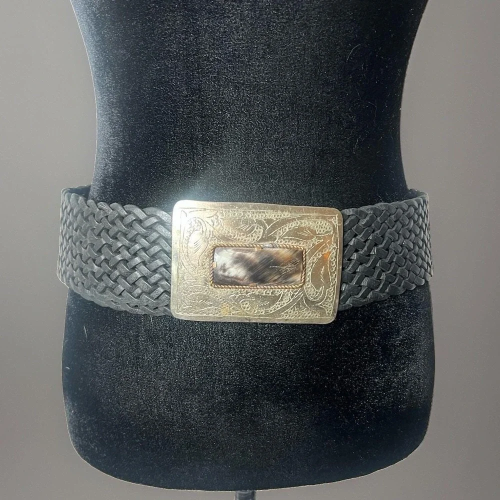 Motif 56 Wide Braided Leather Belt With Silver Buckle Vintage Medium